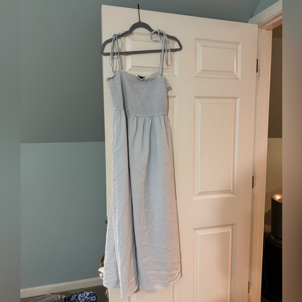 Blue and White Striped Midi Dress